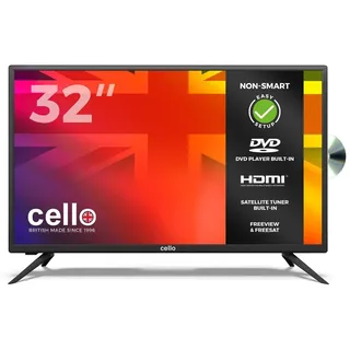 Cello 32 Zoll LED TV mit integriertem DVD‐Player, Triple‐Tuner, 3× HDMI, USB, Full HD, VESA 100×100 - Schwarz