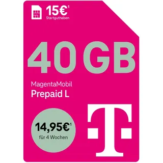 Telekom MagentaMobil Prepaid L mit 40 GB Highspeed-Volumen | 5G/LTE Max & Allnet Flat in alle dt. Netze | unverbrauchtes Datenvolumen weiter nutzen | EU Roaming & Hotspot Flat | 15 EUR Startguthaben