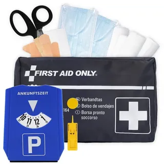 FIRST AID ONLY® KFZ-Verbandtasche Set DIN 13164 inkl. 5-in-1 Parkscheibe, Auto Verbandskasten, (Bundle), Notfalltasche für Auto und Motorrad schwarz