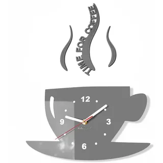 FLEXISTYLE Tasse Time for Coffee (Zeit für Kaffee) Moderne Küche Wanduhr grau, 3D römisch, wanduhr deko, 32 x 19cm