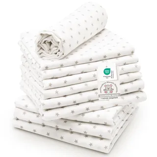 ZOLLNER 10er Set Musselin Spucktücher in 80x80 cm aus Baumwolle - hautfreundliche Mulltücher mit süßen Sternen - besonders weich und saugstark - waschbar bis 60°C - in weiß
