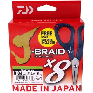 Daiwa J-Braid Grand X8E 0.18mm, 12.5kg/28.0Lbs, 270m, Chartreuse, Geflochtene Angelschnur, mit Schere, 12797-118P