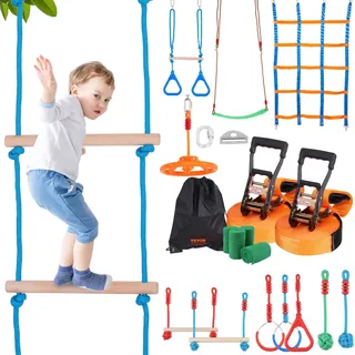 Vevor Ninja Slackline Hindernisse Set 2 x 19,8 m Slacklines, 226,8 kg Tragkraft Ninja Hinderniskurs, Outdoor-Spielset-Ausrüstung, Hinterhofspielzeug-Trainingsausrüstungsset mit 12 Hindernissen