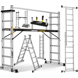 MASKO® Alugerüst 4in1, Baugerüst, Arbeitsgerüst & Gerüstleiter, Mehrzweckleiter als Anlegeleiter, Treppenleiter & Arbeitsbühne, bis 150kg belastbar, Anti-Rutsch beschichtet, GS geprüft EN131 + Ablage