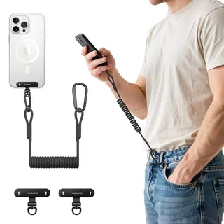 MoKo Phone Lanyard Tether mit Patch, Anti-Diebstahl Handygurt mit Karabiner, Universal Stretchy Tropfschutz Handy Lanyard für Outdoor Wandern Klettern Angeln, passend für meisten Smartphones, Schwarz
