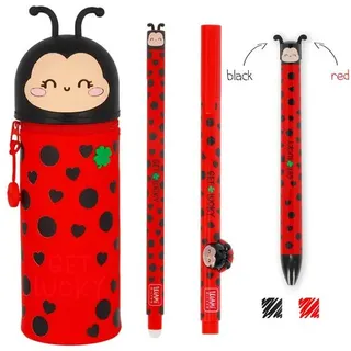 Legami Ladybug Set - Erasable Gel Pen + Mäppchen + Lovely Friends + Kugelschreiber - Marienkäfer