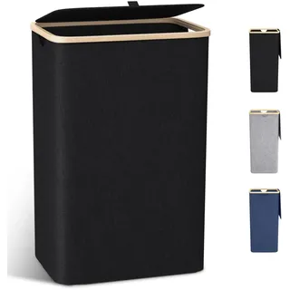 Schmaler Wäschekorb mit Deckel 100L, Bambusdeckel & herausnehmbarer Wäschesack, hoher Wäschesammler in Schwarz, platzsparende Wäschetruhe für Waschküche, Schlafzimmer & kleines Bad – Geruchshemmend