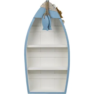 Deko-Boot aus Holz mit maritimer Deko - Mini-Regal für Wohnzimmer & Bad - Blau-Weiss-Beige - 42x20cm - Mit Seestern Muscheln & Netz