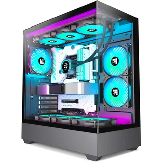 FOIFKIN F1 PC Gehäuse - Vorinstallierter 6 PWM ARGB-Lüfter, ATX Mid-Tower Gaming PC Gehäuse, 270° Panoramaglas mit Type-C (Schwarz, F1)