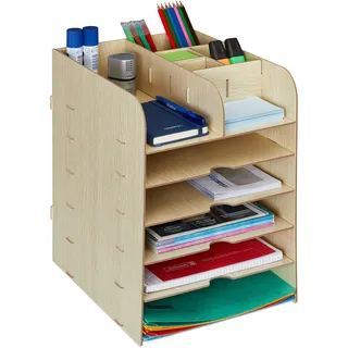 Relaxdays Schreibtisch Organizer mit Dokumentenablage, 12 Fächer, 34,5 x 25 x 32 cm, Büroorganizer Mdf, Hellbraun
