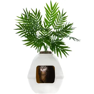 Good Pet Stuff, The Courtyard versteckte Katzentoilette, künstliche Pflanzen und geschlossene quadratische Katzentoilette, belüfteter und Geruchsfilter, leicht zu reinigen, weiße Birke