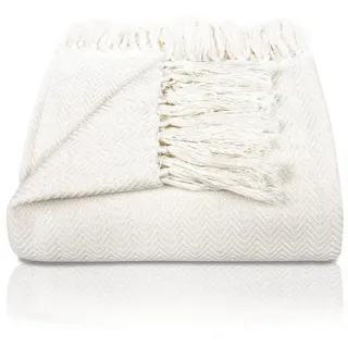 Gräfenstayn Tagesdecke Premium Tagesdecke 100% Baumwolle Fischgrätenmuster Sommerdecke, Wohndecke als Sofa-Überwurf, Bett-Überwurf, Couch-Überwurf, Sofa-Decke weiß 220 cm x 240 cm