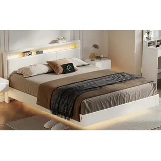 VASAGLE Bettgestell, Doppelbettgestell, 160 x 200 cm, schwebender visueller Effekt, Bett mit LED-Beleuchtung, hohem Kopfteil, Ladestation, modern - Weiß