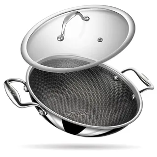 Stahl Triply Antihaft-Wok mit Deckel | Edelstahl-Wok mit Induktionsboden | Tri-Ply Kratzfest | Ø 24 cm | 2,4 Liter (für 4-5 Personen)