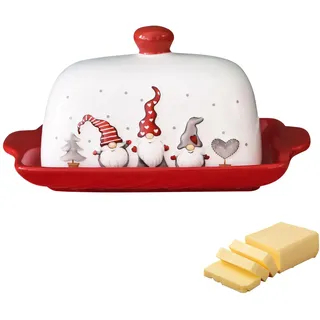 Butterdose Keramik mit Deckel, Hochwertige Butterdose Porzellan mit Roter Griff Weihnachtsmann Baum Elch Muster Dickwandiger Butterschale Weihnachten Butterbehälter Spülmaschinenfest (A, /)