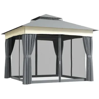 Outsunny Pavillon mit Doppeldach, 3x3 m Wasserabweisend Stabil Winterfest Gartenpavillon mit Moskitonetz, Seitenteile, Garten-pavillon aus Metall, für Garten, Terrasse, Dunkelgrau