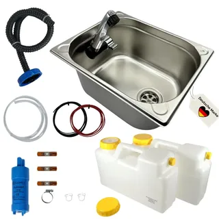 madelee Camping Spülbecken/Waschbecken Set aus Edelstahl 32,5 cm x 26,5 cm x 15 cm mit Armatur "London" 12 V, 25 mm Anschluss, 12 V Wasserpumpe, Abwasserschlauch, 2 x 12 L Wasserkanister Ausbau