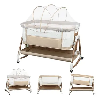 JEOBEST Beistellbett 3 in 1 Beistellbett Stubenwagen Babybett Baby-Reisebett, 6-stufige Höhenverstellung, mit Rollen, Matratze und Moskitonetz gelb