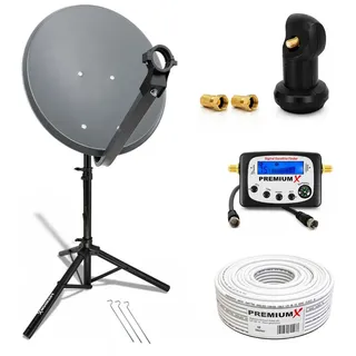 PremiumX Camping Satelliten-Komplettanlage 60cm Antenne Single LNB Sat-Finder Stativ | Grau/Schwarz