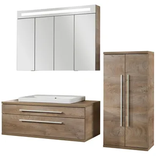 Fackelmann STANFORD Badmöbel Set 4-teilig, 110 cm breit, Braun, Keramik+Spiegelschrank+Midischrank