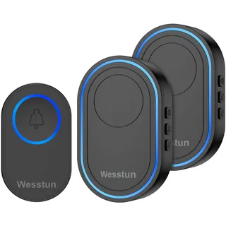 Wesstun Funkklingel, Türklingel Funk Set mit 2 Empfängern, IP67 Aussen Wasserdicht Haustür Klingel, 2 Plug in Empfänger mit 39 Klingeltönen und 5-stufiger Lautstärkeregelung, Schwarz
