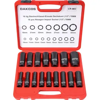 DAKCOS 16tlg 1/2" Schlagschrauber Nüsse Satz 10-32mm Sechskant Kraft Nuss Kraft Steckschlüssel Schlagnüsse, CR-MO