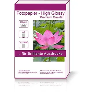 200 Blatt DIN A4 230g/m2 Fotopapier Hglossy wasserfest Photopapier hochglänzend high glossy wasserfest für Brother Canon HP alle gängige Tintenstrahldrucker