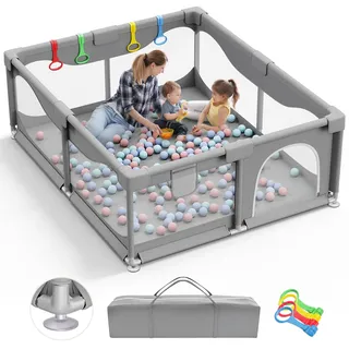 Sarr Klith Laufstall Baby 200 x 180cm, 2025 Upgrade Laufgitter Baby mit Saugnäpfen, Laufgitter Kinder Große Indoor/Outdoor, Sicherheitsspielplatz mit Einfacher Montage/Demontage, Grau