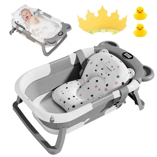 Baby Badewanne Faltbar, Faltbare Babybadewanne Mit Thermometer, Babybadewanne, Baby Badewanne Faltbar Wird Mit Badematte, Duschhaube Und 2 Kleine Gelbe Ente,Geburtsgeschenke FüR MäDchen & Jungen(Grau)