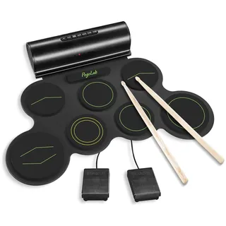 POGOLAB Aufrollen E-Drum Set, 7 digitale Drum Pad Schlagzeug Elektronisch, Bluetooth-Funktion, mit zwei Stereo-Lautsprechern/Drumsticks/Kopfhörerschlitz, 10 Stunden Laufzeit, für Anfänger