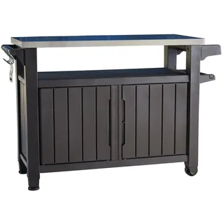 Keter Unity XL BBQ Beistelltisch, Abmessungen 134x51.7x89.6cm, grau, wetterfest, Arbeitsplatte aus Edelstahl, Outdoor Sideboard, perfekt für das Grillen im Frühling