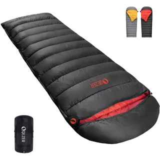QEZER Winter Daunen Schlafsack verfügt über EIN Graphenfutter und eine 620er Füllkraft von Entendaunen, wiegt nur 1570 Gramm und ist für Temperaturen von 0°C bis -24°C geeignet, (Schwarz)