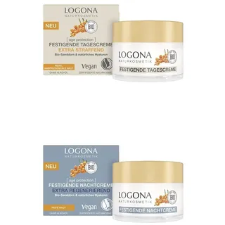 LOGONA Naturkosmetik Anti-Aging Gesichtscreme für reife Haut, Straffende Tagescreme mit veganer Formel, Mit Bio-Sanddorn und Hyaluron, 50 ml + Anti-Aging Nachtcreme, Regenerierende Gesichtspflege