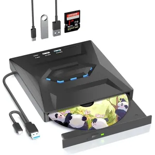 DOPWii Externe CD DVD Laufwerk,USB 3.0,Typ-C,SD/TF Kartenleser,USB Anschlüsse DVD-Brenner (DVD 8x/CD 24x, Externes DVD-Laufwerk,Kompatibel mit Windows & Mac OS,Plug and Play) schwarz