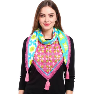 ZWILLINGSHERZ Summer Vibes Vierecks-Tuch mit Blumen und Ornamenten Mode-Tuch 3016Q-0609-73 Türkis/Pink/Bunt - One-Size
