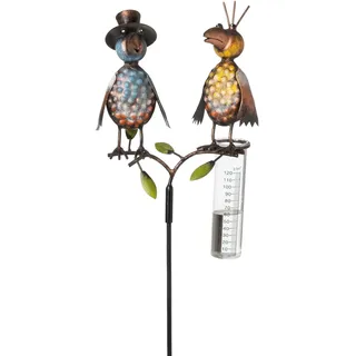 mucHome Regenmesser mit Glas Rabe aus Metall, 120 cm, Rabenpaar Vogel Gartenstecker, bunt lackiert