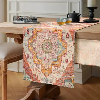 Chicamy Bunt Tischläufer Boho Style Orange Vintage Tischläufer Leinen Bohemian Geometrie Marokkanische Landhausstil Tischdecke Dekoration für Zuhause Küche Esszimmer Party Eingang (40 x 140 cm)