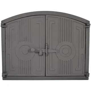 Gusseisen-Doppeltür für Steinofen & Pizzaofen – Halbrunde Ofentür mit Türriegel, Gusstür für Holzbackofen & Brotofen (Graphit, 48 x 38 cm, ohne Thermometer)