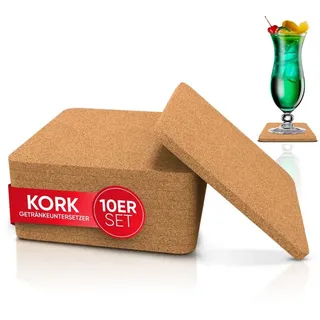WORTEK Untersetzer Gläser Korkuntersetzer eckig - 10er Set Kork Untersetzer 10cm Korkplatte - Tischuntersetzer Tassenuntersetzer Glasuntersetzer Kork für Raclette, Tee, Kaffee, Cocktail Bar Zubehör