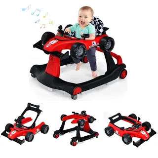 DREAMADE Lauflernhilfe, 4 in 1 Autoförmiger Lauflernwagen mit einstellbarer Geschwindigkeit, Musik & Licht, Babywalker Höhenverstellbar & Klappbar, Gehfrei Baby ab 6 Monate (Rot)