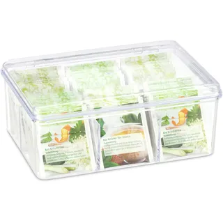 Relaxdays Teebox, 6 Fächer, 90 Teebeutel, Teedose mit Klappdeckel, Aromaschutz, HxBxT 9 x 21,5 x 14,5 cm, transparent