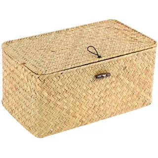 Uikdjgu Handgemachte Stroh Gewebt Ablage Korb mit Deckel Make Up Veranstalter Aufbewahrung Box Algen WäSche KöRbe Rattan Schmuck Schatulle (S)