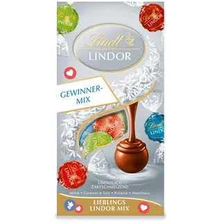 Lindt Schokolade LINDOR Gewinner-Mix | 137 g Beutel | ca. 10 Kugeln Vollmilchschokolade mit zartschmelzender Füllung in den Sorten Milch, Caramel & Salz, Pistazie, Haselnuss | Pralinen-Geschenk