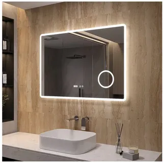 AQUALAVOS Badspiegel Badezimmerspiegel mit Beleuchtung 100 x 70 x 4,5 cm LED Schminkspiegel, Beschlagfrei, mit 3-Fach Vergrößerung Makeup-spiegel, LED Digitaluhr