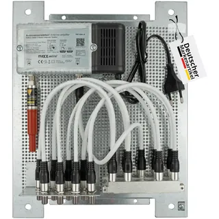 maxx.onLine Antennenverstärker Kabelfernsehen für 8 Teilnehmer vormontiert auf Lochblech Montageplatte mit 33 dB Verstärkung & Rückkanal, Kabel Verteiler, Überspannungsschutz, F Quick-Verbindungskabel