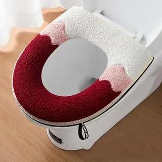 SYSUII Toilettensitzbezug WC Wärmer Pad, WC-Sitzbezug Plüsch Toilettensitzabdeckung mit Reißverschluss Toilettensitz Pads WC-Sitzwärmer WC Sitzbezüge WC Sitzkissen für Badezimmer,Weich und Warm -Rot