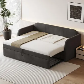 Merax Ausziehbares Schlafsofa, 2-Sitzer-Sofa mit Lattenrost, Stoff aus Leinen, 90/180 x 190 cm, Dunkelgrau (ohne Matratze)