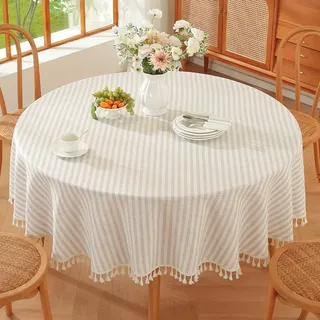 Plenmor Leinen Abwaschbare Tischdecke Rund 180 cm, Beige Tischdecke Abwaschbar Weihnachten Tischdeckes leinenoptik für Party,Geburtstag,Garten,Runde Weihnachten