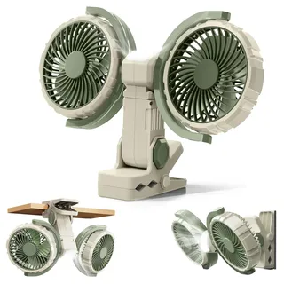 NIFBANG Clip Ventilator Akku mit Licht, USB C Aufladbar Leise Fan Doppelkopf Wandventilator,Stark Lufter Klemmbar für Büro, Bett,Schlafzimmer, Auto, Wohnmobil, Outdoor Camping Klemmventilator(Grün)