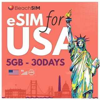 BeachSIM USA eSIM 30 Tage. 5 GB Datenvolumen mit 4G/5G-Netz. Nur Daten. Schnelle Aktivierung. Einfaches Aufladen. Funktioniert mit eSIM-kompatiblen Geräten.